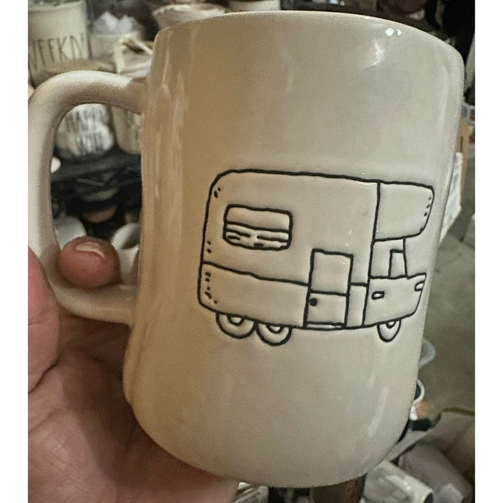 Rae Dunn Happy Camper Coffee Mug Cream Teal Interior Vintage RV Trailer Graphic